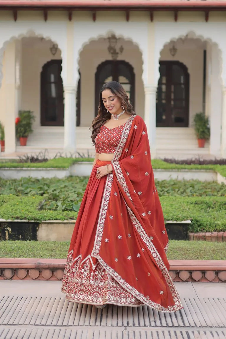 Festive Rust Orange Sequin Lehenga Set
