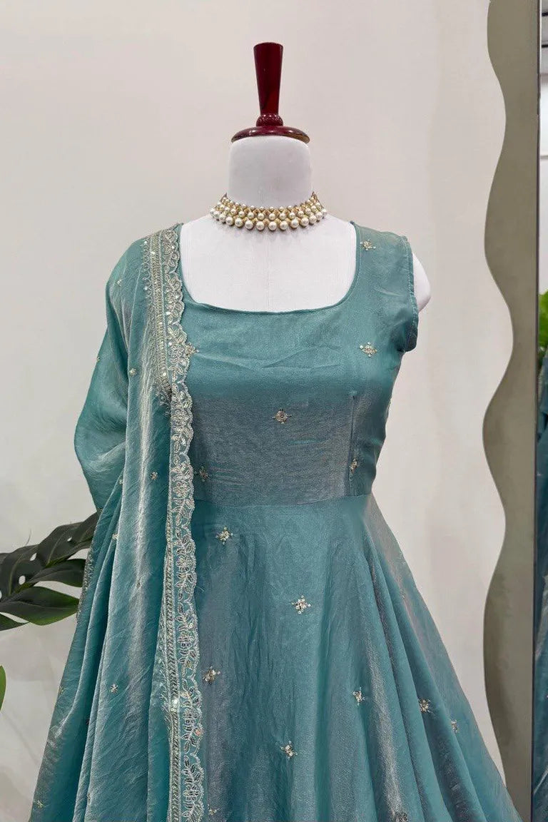 Teal Fandy Silk Anarkali Gown Set