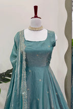 Teal Fandy Silk Anarkali Gown Set