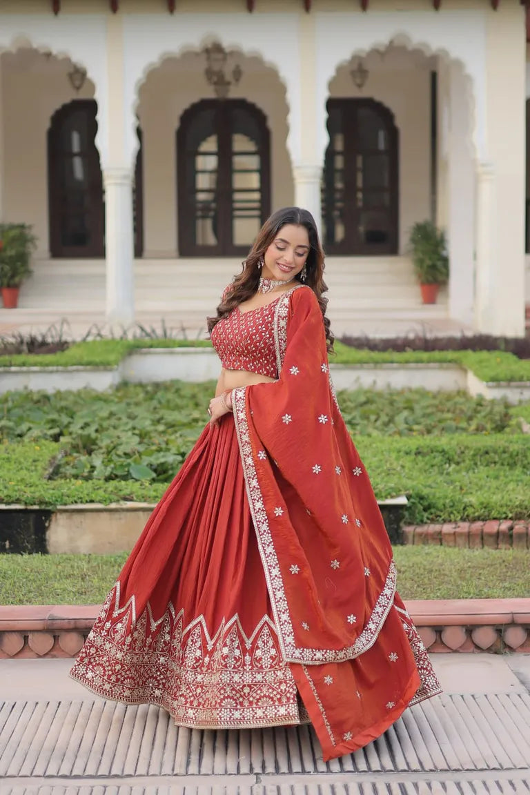 Festive Rust Orange Sequin Lehenga Set