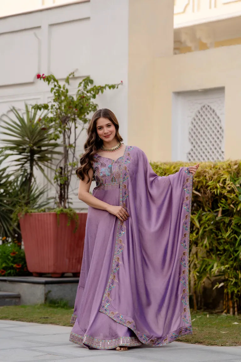 Festive Flared Silk Gown with Dupatta