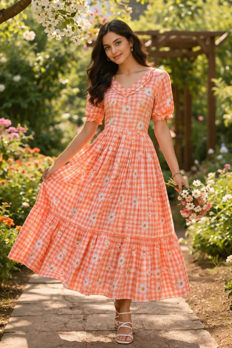 Muslin Silk Checkered Summer Dress