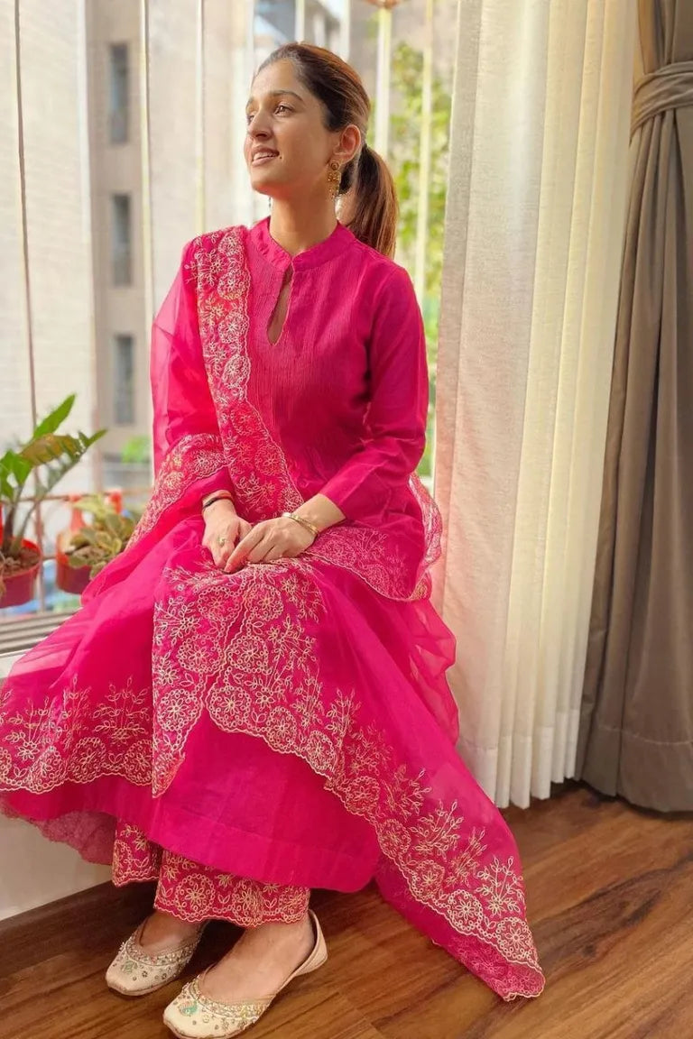 Pink Festive Kurta Pant Dupatta Set