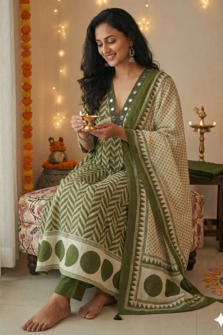 Cotton Chevron Mirror Work Kurta Set