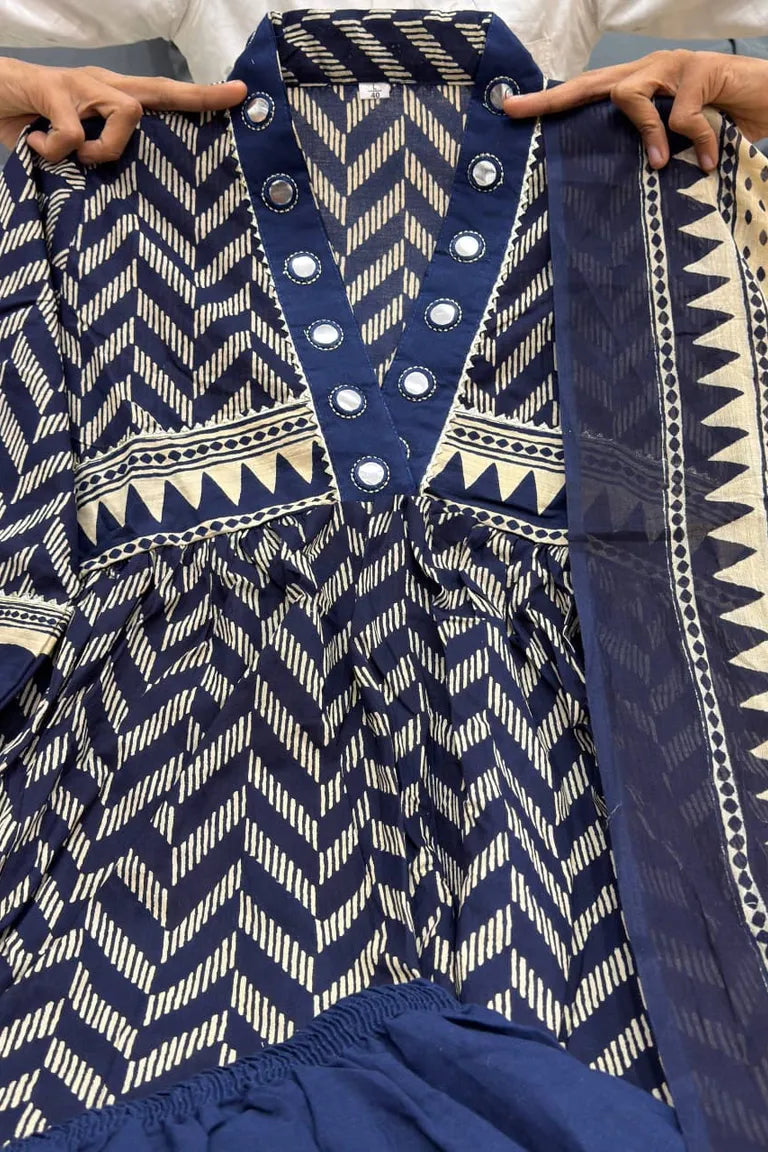 Cotton Chevron Mirror Work Kurta Set