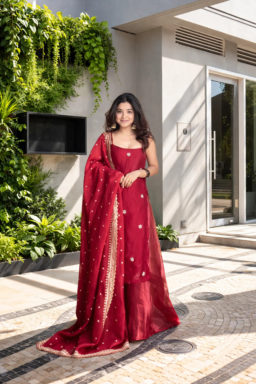 Festive Red Palazzo Suit with Dupatta