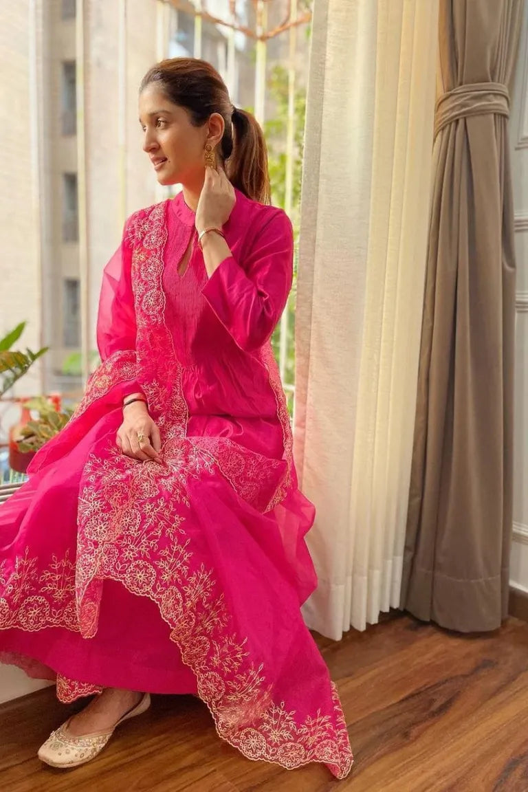 Pink Festive Kurta Pant Dupatta Set