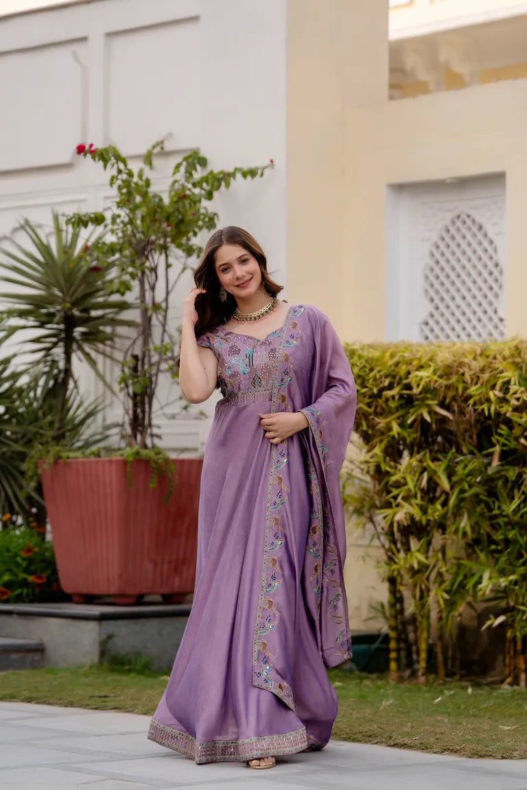 Festive Flared Silk Gown with Dupatta