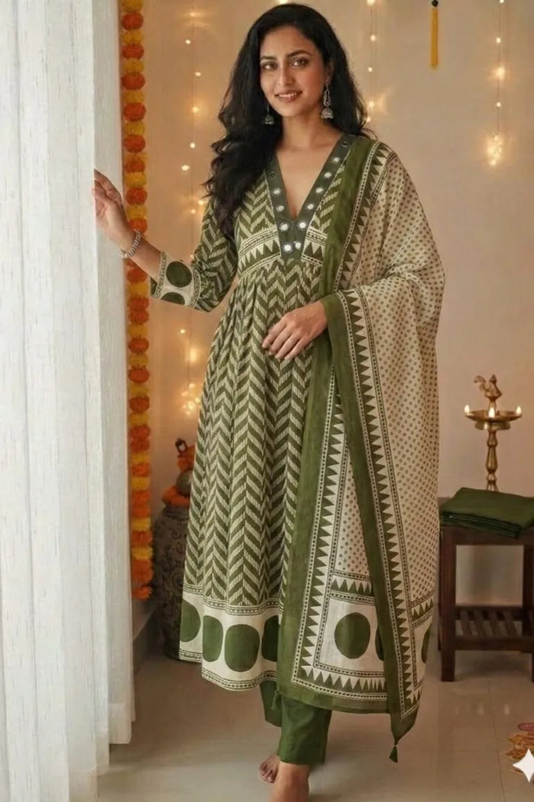 Cotton Chevron Mirror Work Kurta Set