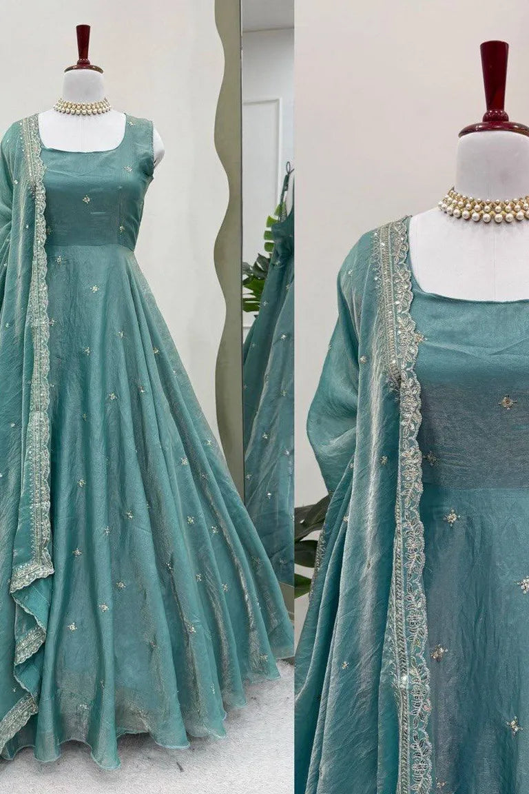 Teal Fandy Silk Anarkali Gown Set