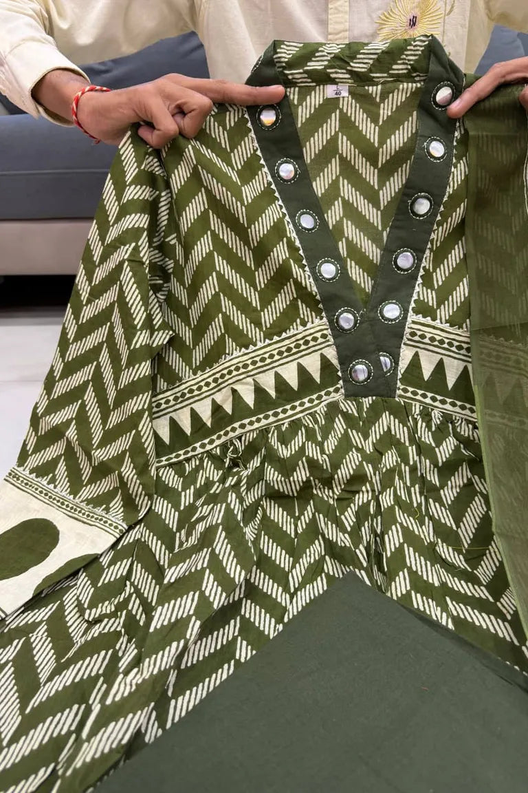 Cotton Chevron Mirror Work Kurta Set