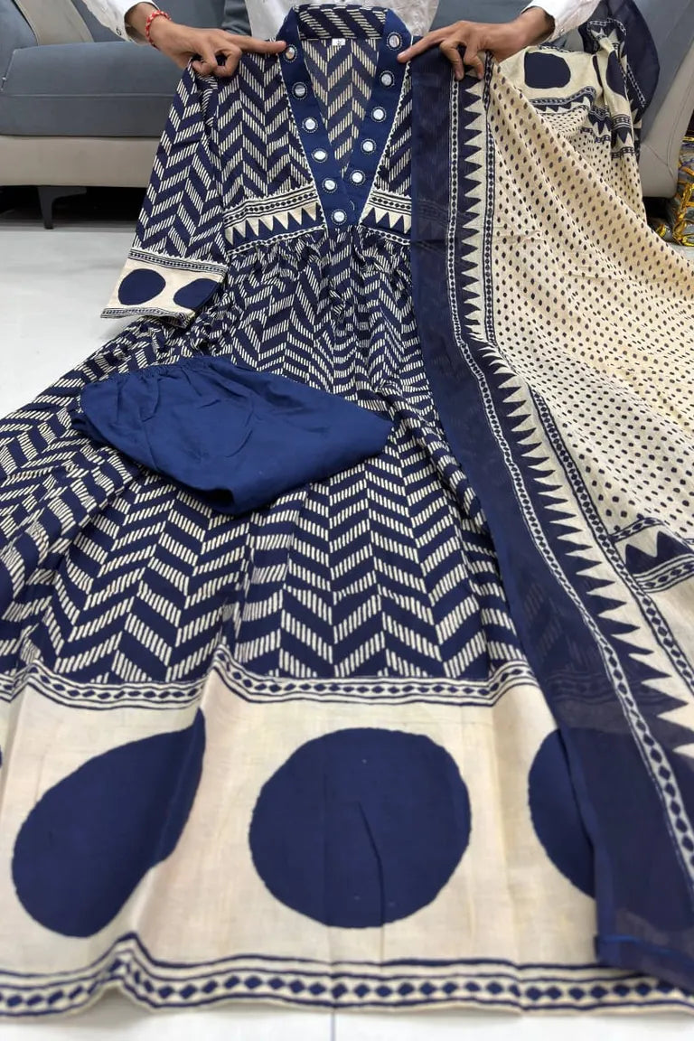 Cotton Chevron Mirror Work Kurta Set
