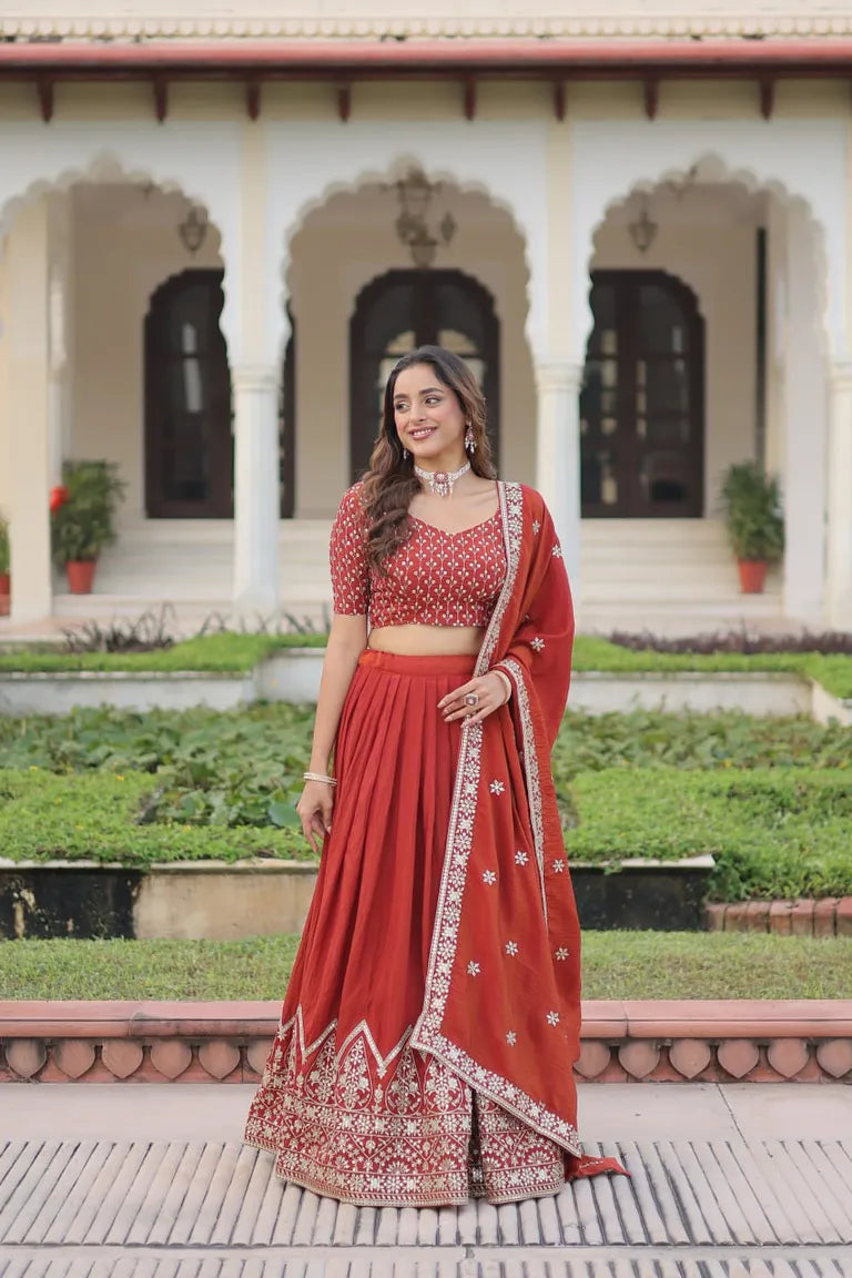 Festive Rust Orange Sequin Lehenga Set