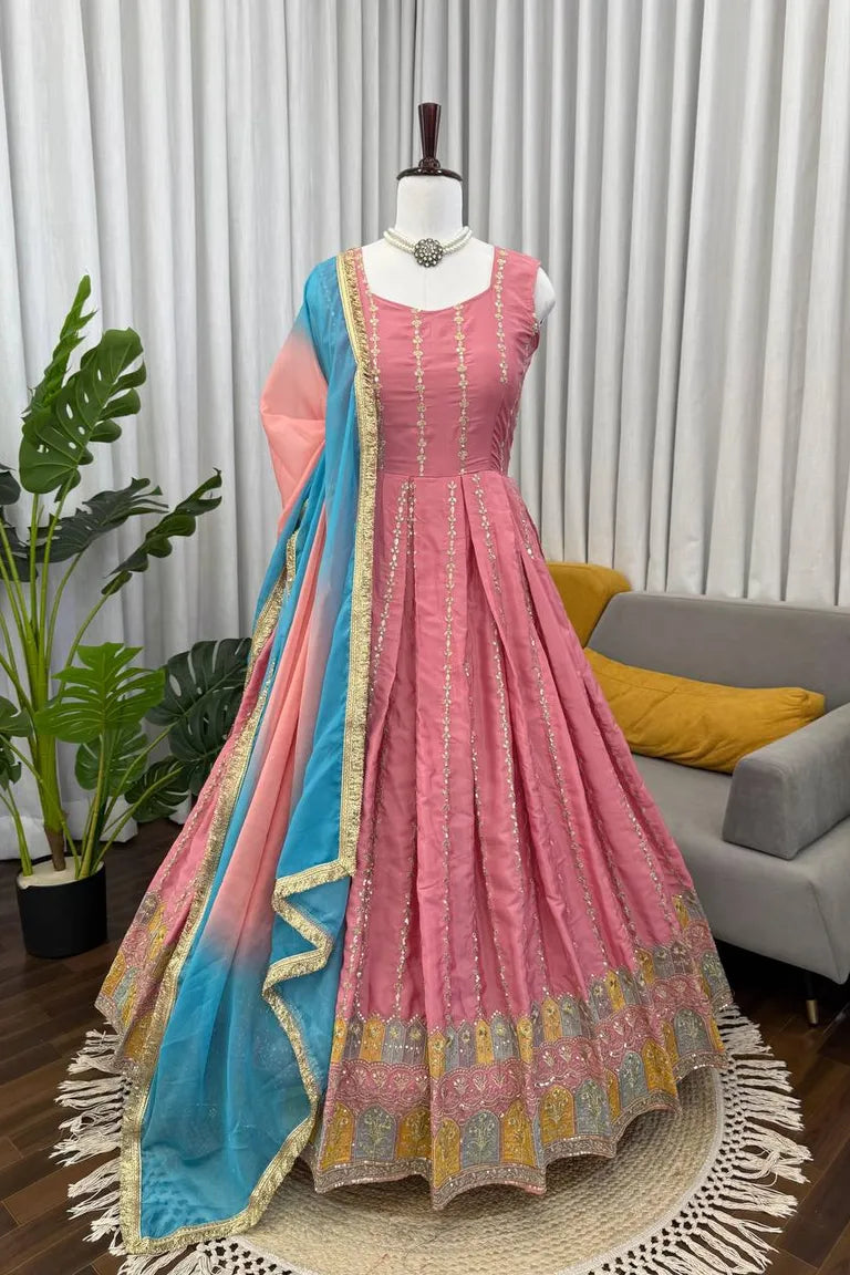 Pink Chinon Silk Anarkali Gown Set