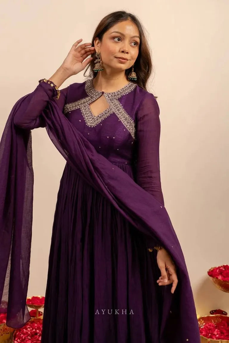 Purple Thread Work Gown with Dupatta
