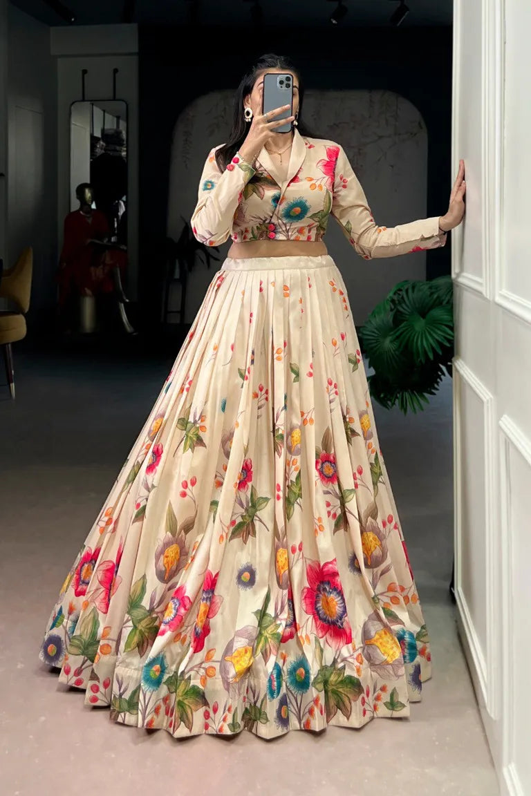 Floral Print Tasar Silk Lehenga Set