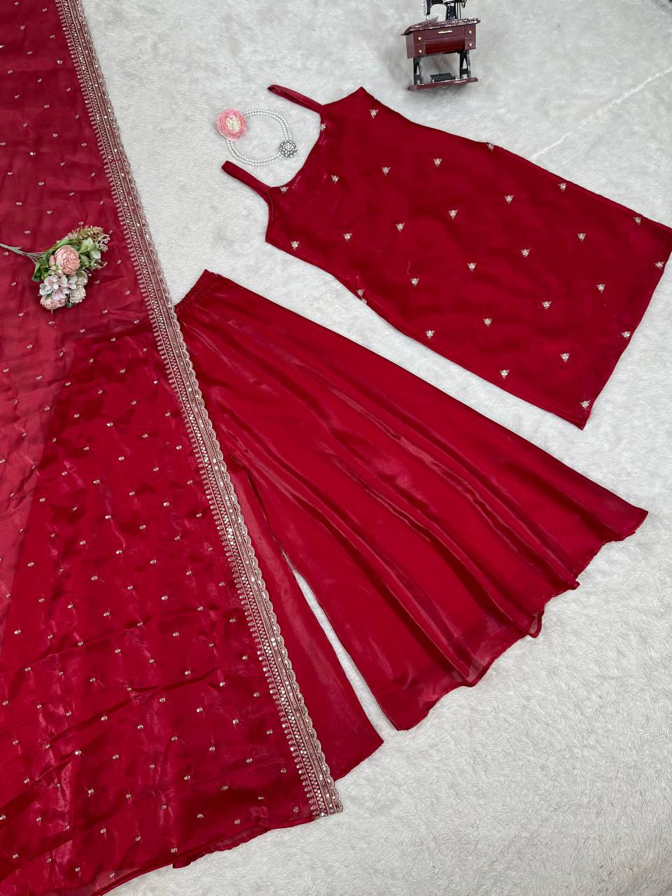 Festive Red Palazzo Suit with Dupatta
