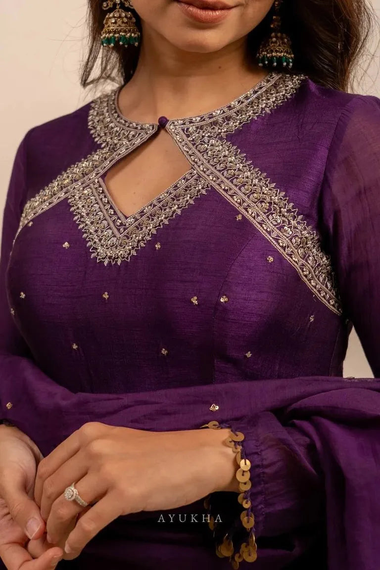 Purple Thread Work Gown with Dupatta