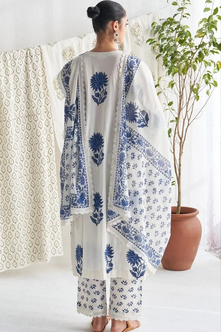 White & Blue Block Print Cotton Suit