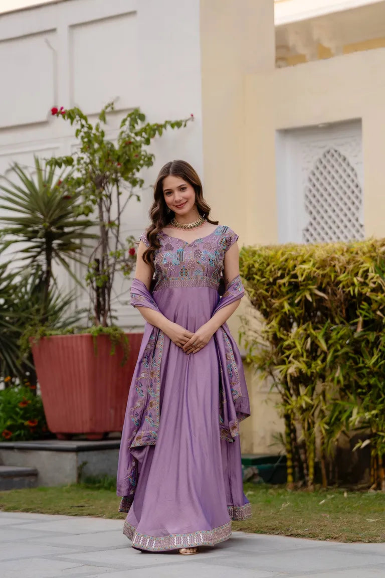 Festive Flared Silk Gown with Dupatta