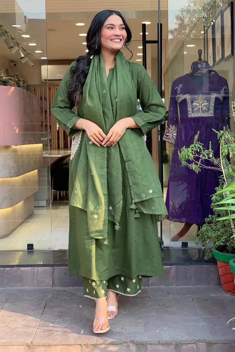 Olive Green Pure Cotton kurta Set