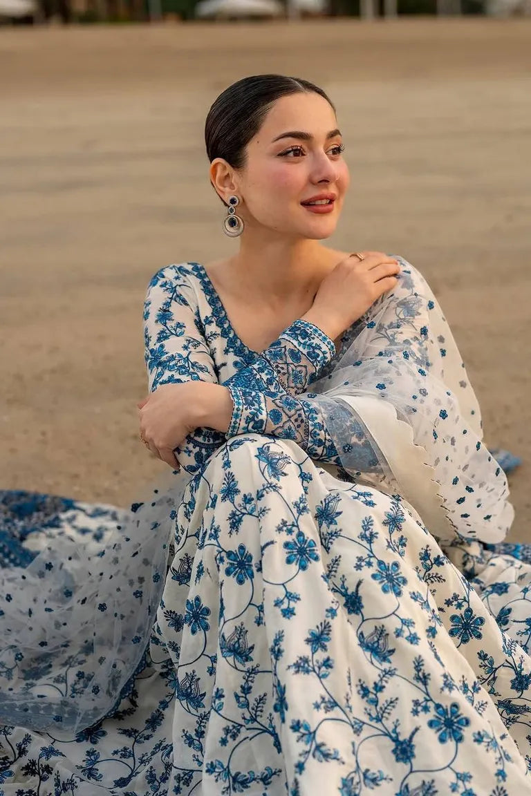 Blue & White Thread Work Anarkali Set