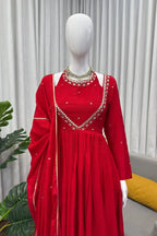Red Chinon Silk Anarkali Gown Set