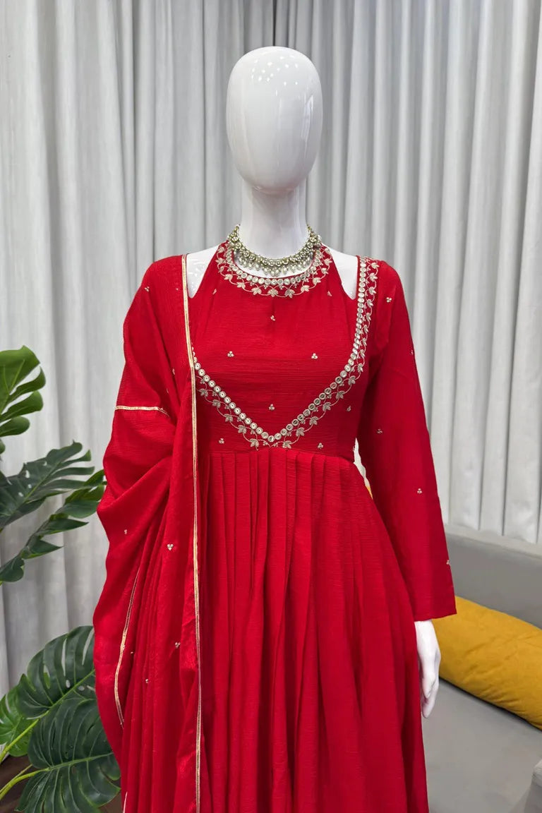 Red Chinon Silk Anarkali Gown Set