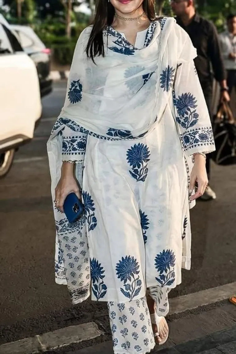 White & Blue Block Print Cotton Suit