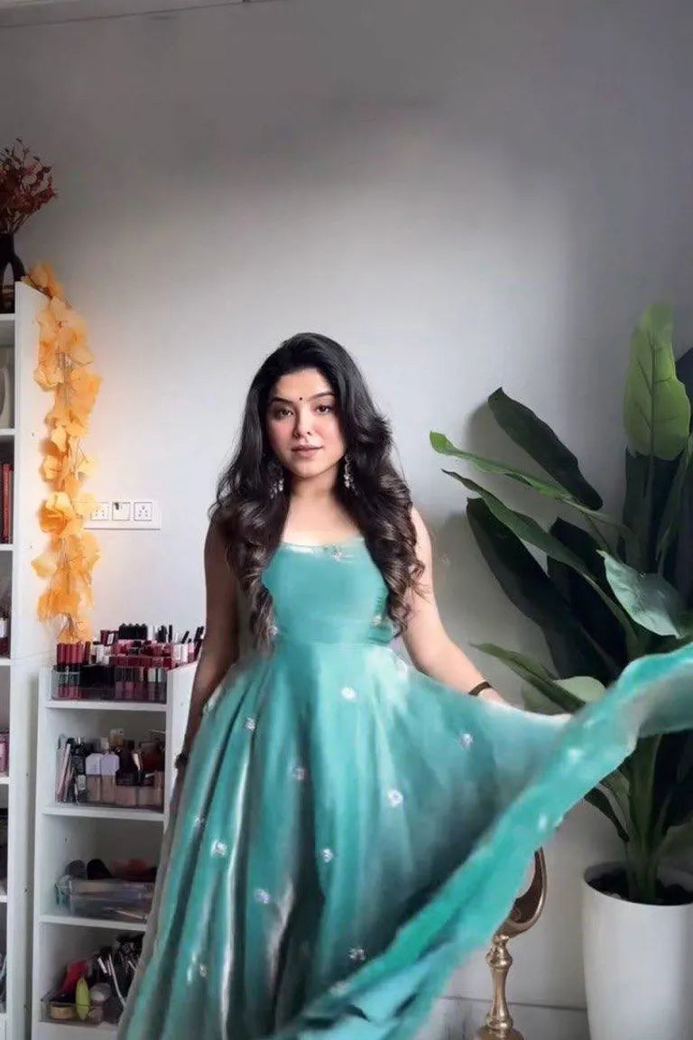 Teal Fandy Silk Anarkali Gown Set