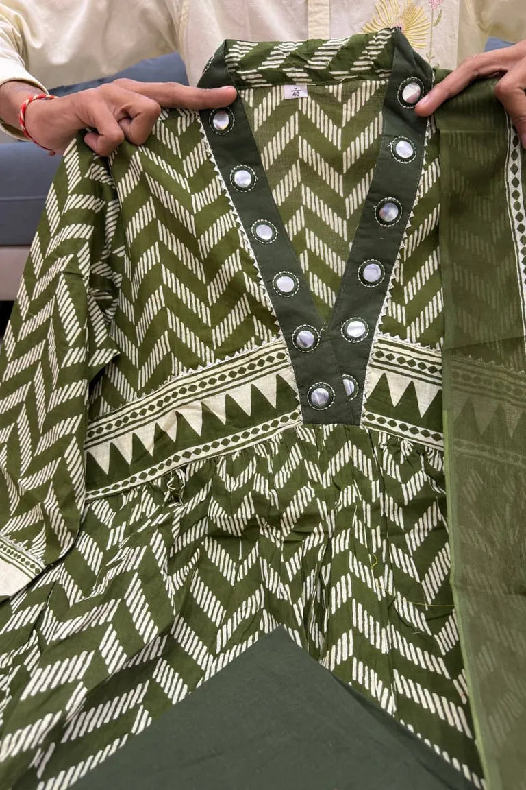 Cotton Chevron Mirror Work Kurta Set