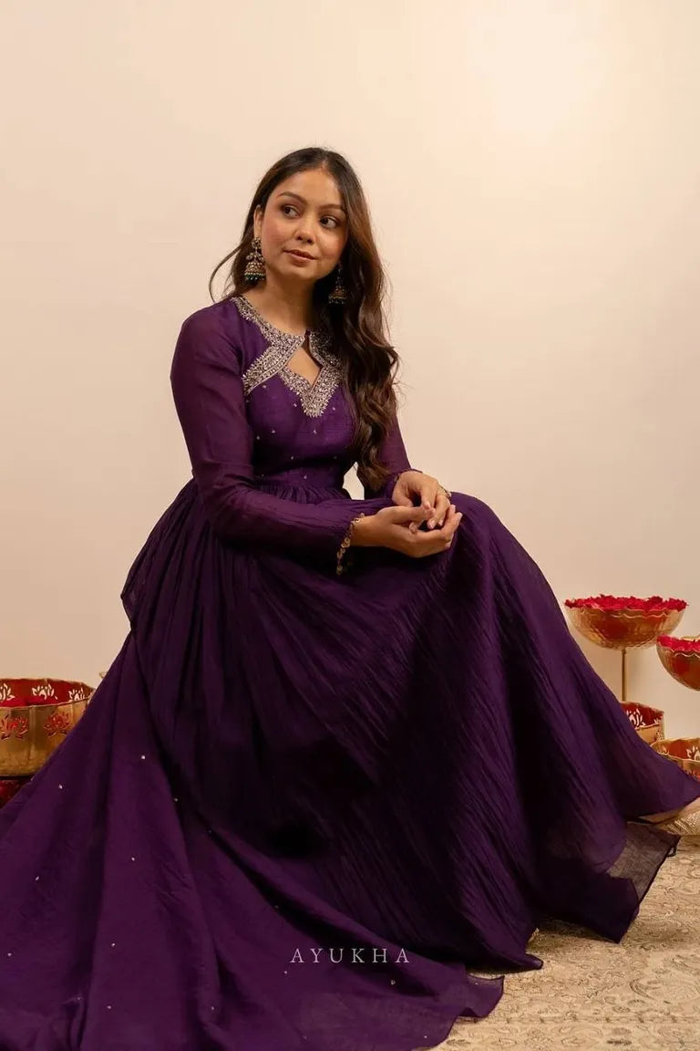 Purple Thread Work Gown with Dupatta