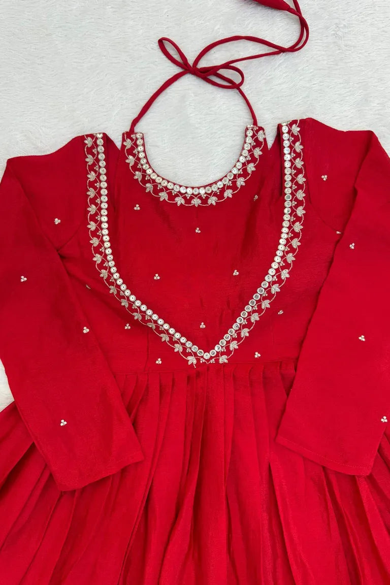 Red Chinon Silk Anarkali Gown Set