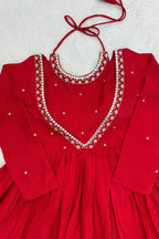 Red Chinon Silk Anarkali Gown Set