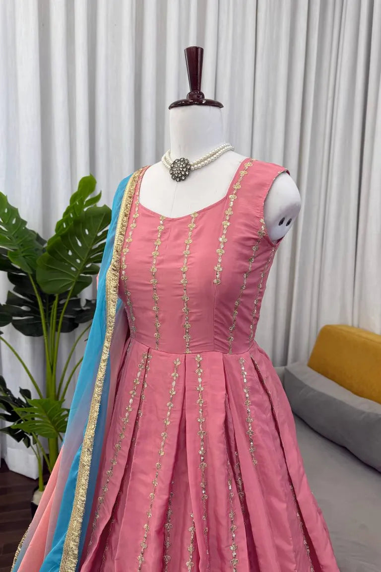 Pink Chinon Silk Anarkali Gown Set