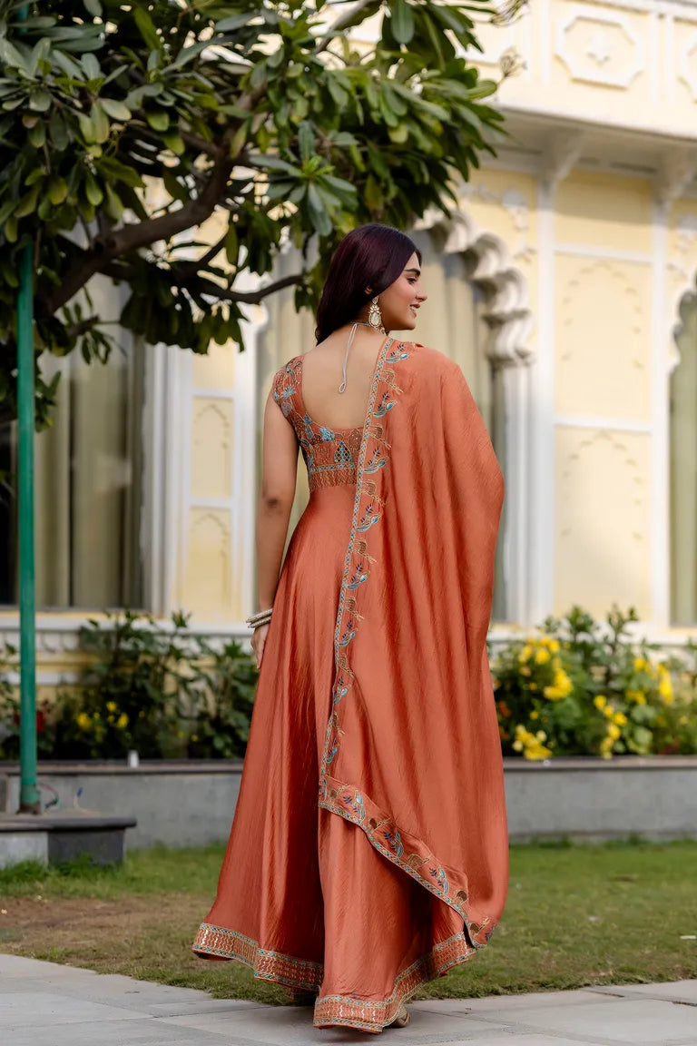 Festive Flared Silk Gown with Dupatta