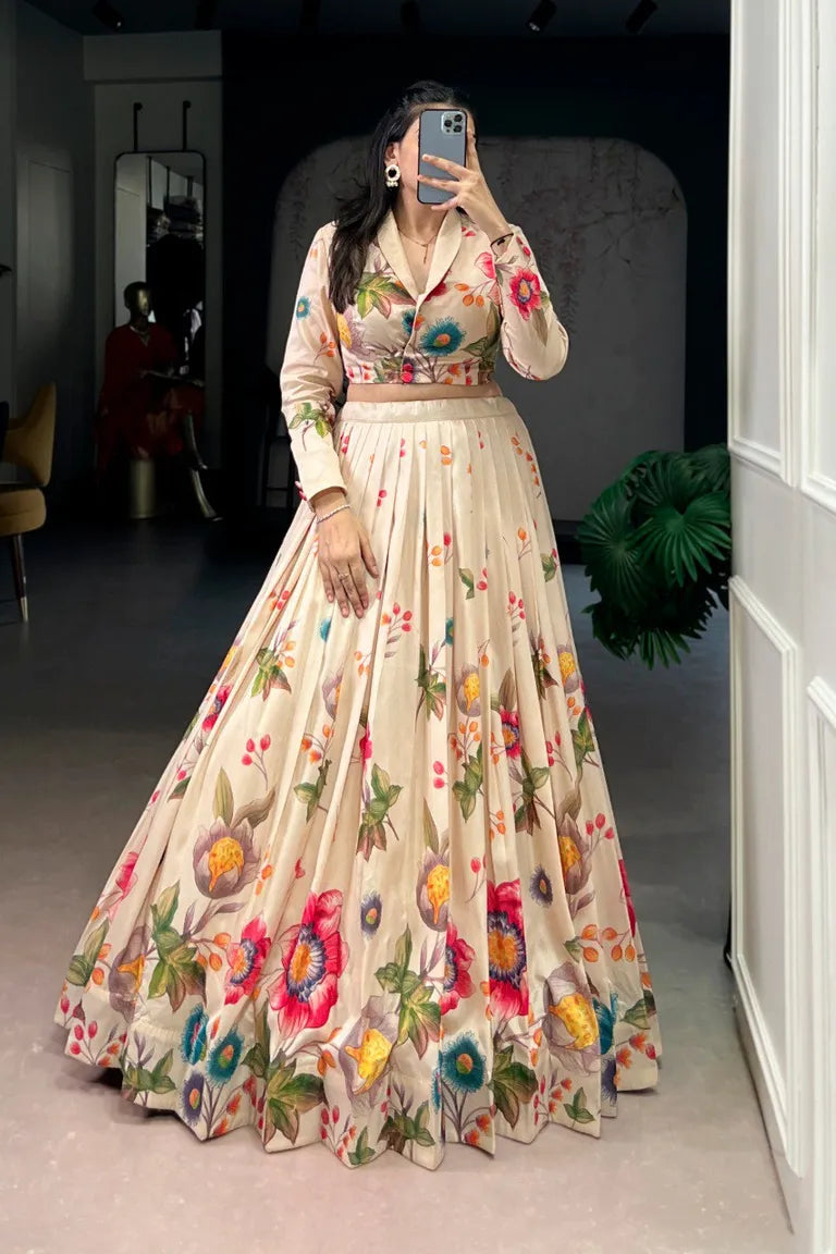 Floral Print Tasar Silk Lehenga Set