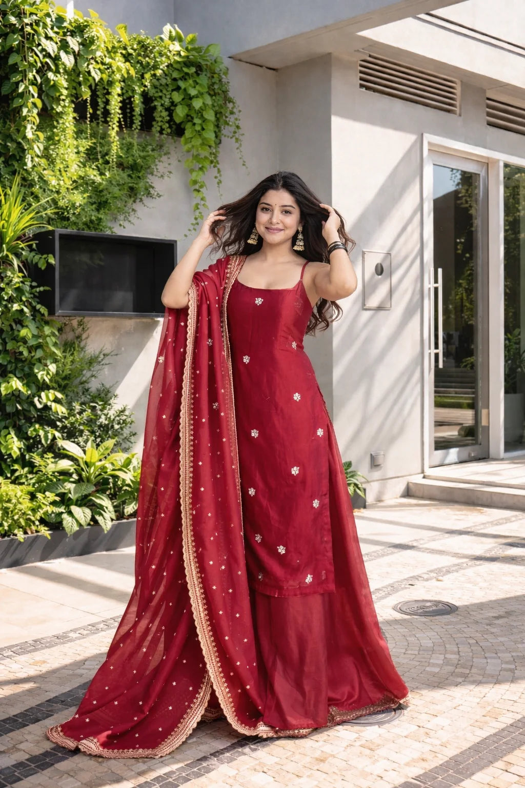 Festive Red Palazzo Suit with Dupatta