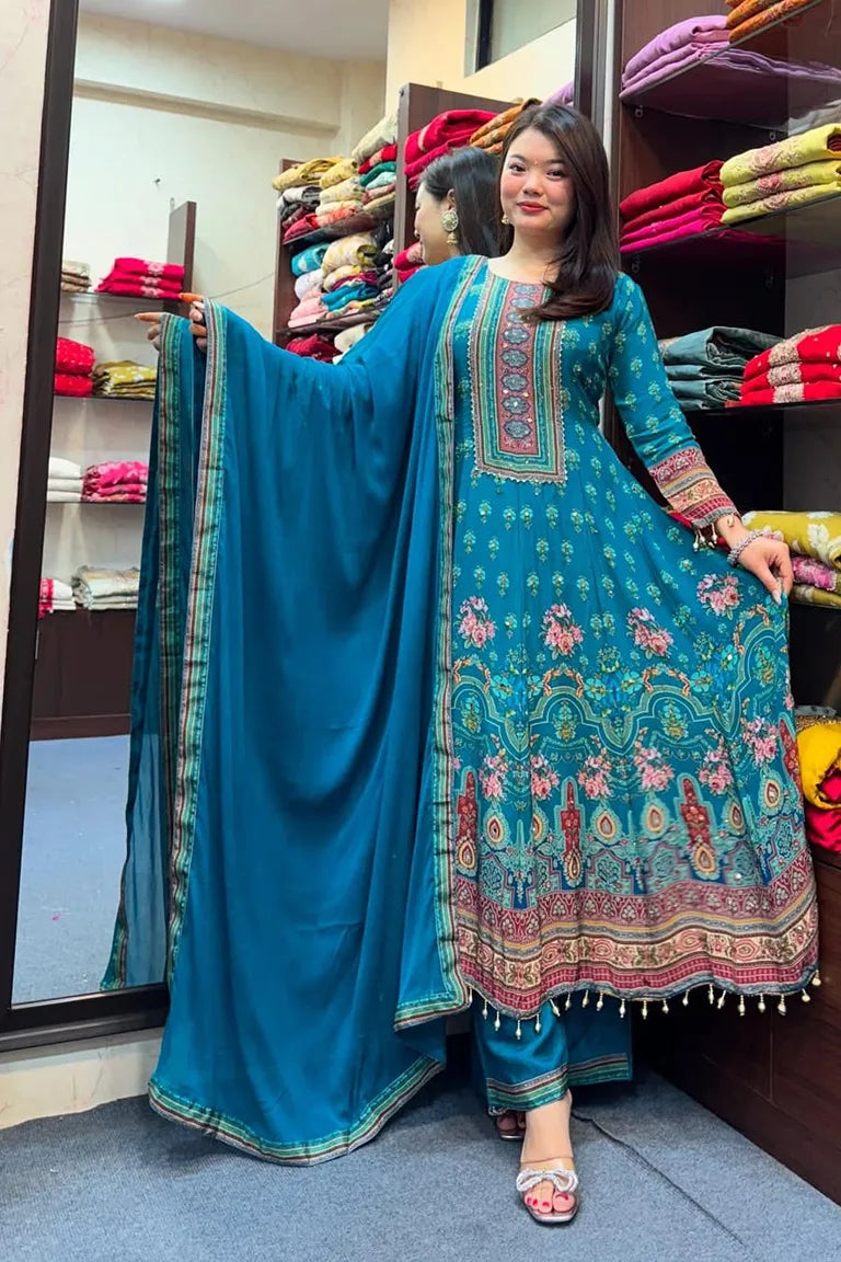 Peacock Blue Printed Kurta Set