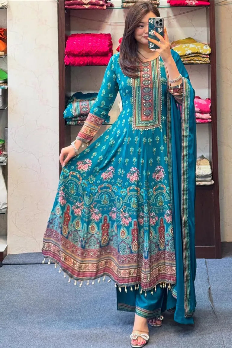 Peacock Blue Printed Kurta Set