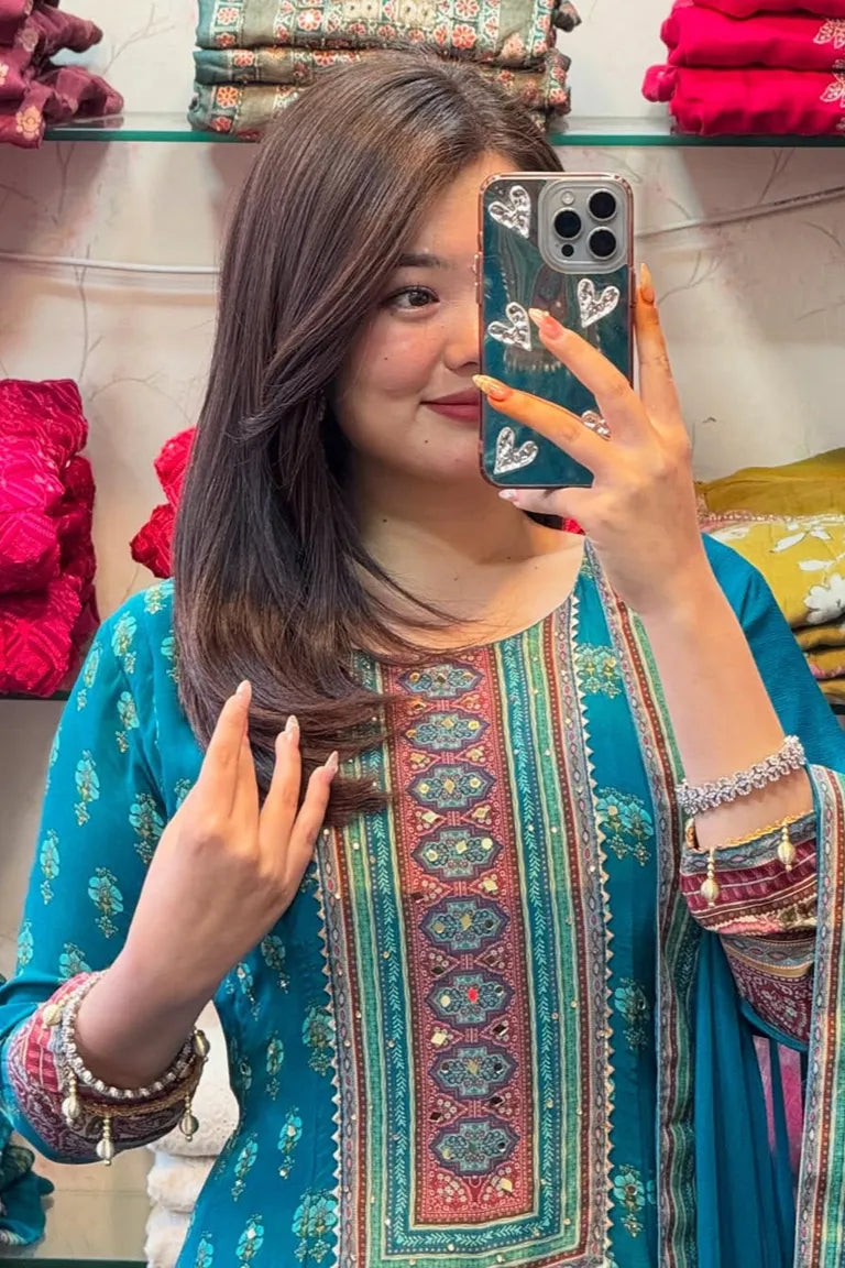 Peacock Blue Printed Kurta Set