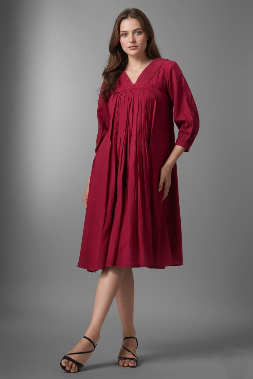 V-Neck Pleated Dress