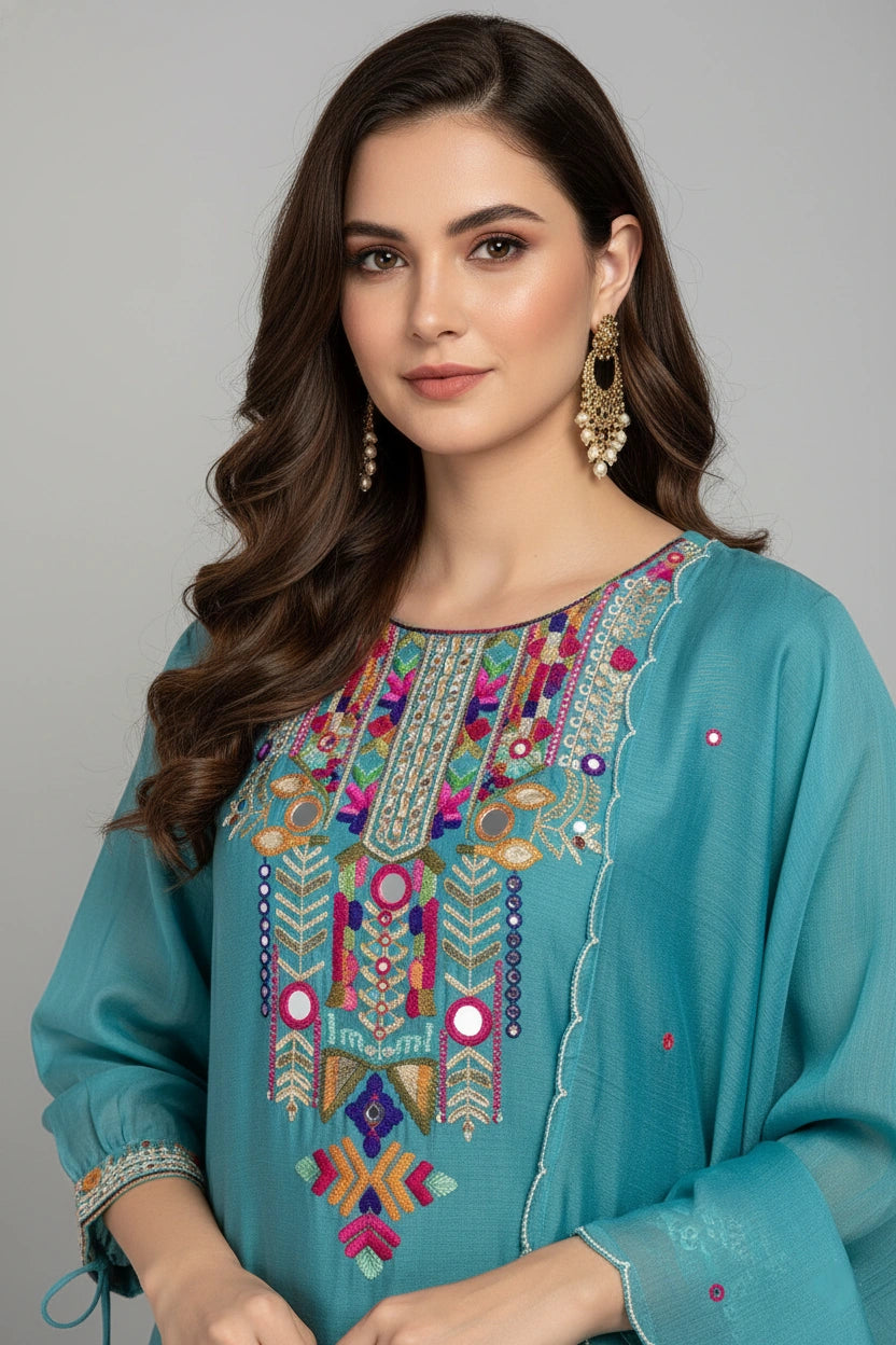 Teal Embroidered Kurta