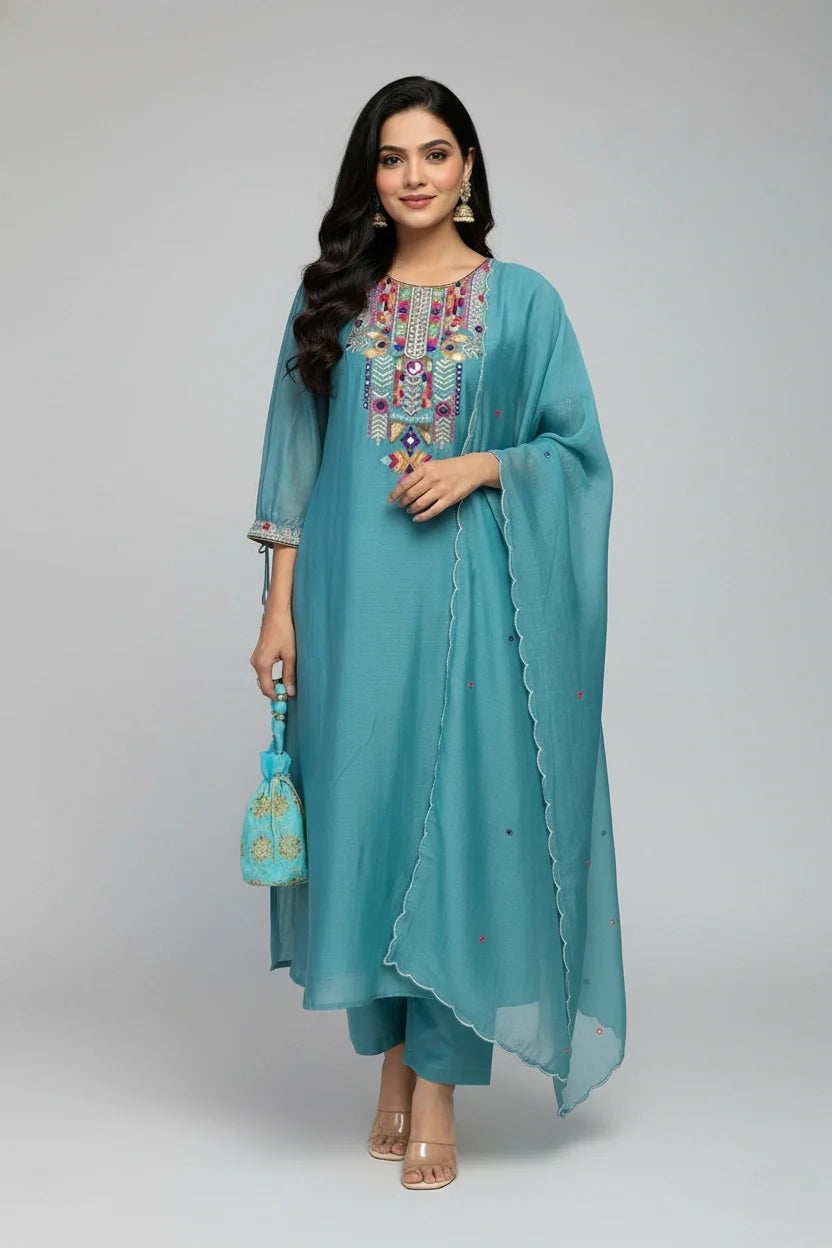 Teal Embroidered Kurta