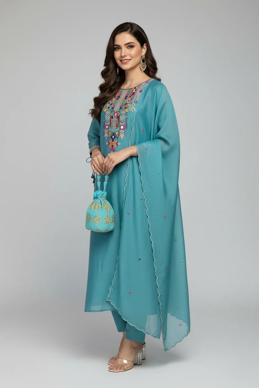 Teal Embroidered Kurta