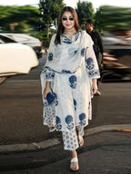 White & Blue Block Print Cotton Suit