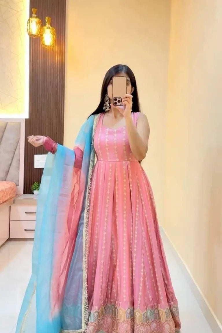 Pink Chinon Silk Anarkali Gown Set