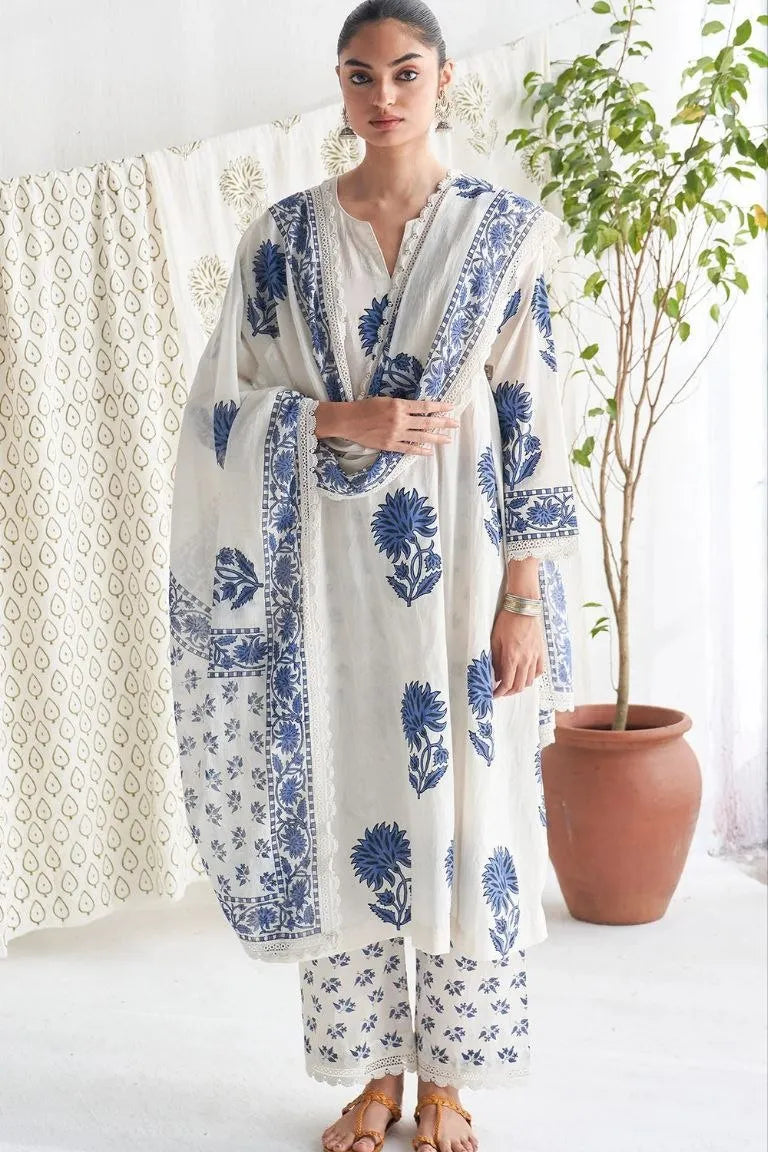 White & Blue Block Print Cotton Suit