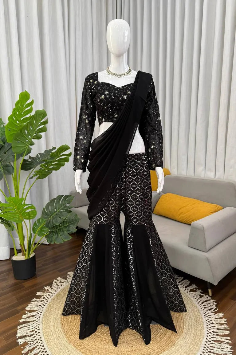 Black Sequin Georgette Sharara Set