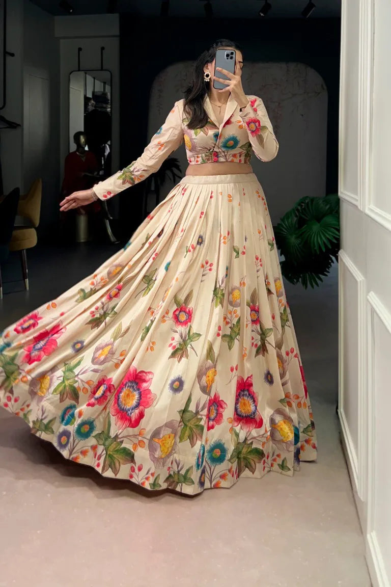 Floral Print Tasar Silk Lehenga Set